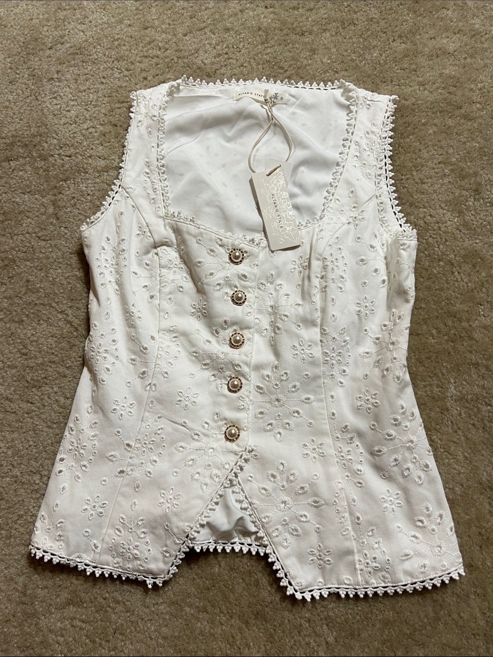 Altar'd State White Embroidered Lace-Trim Button Vest